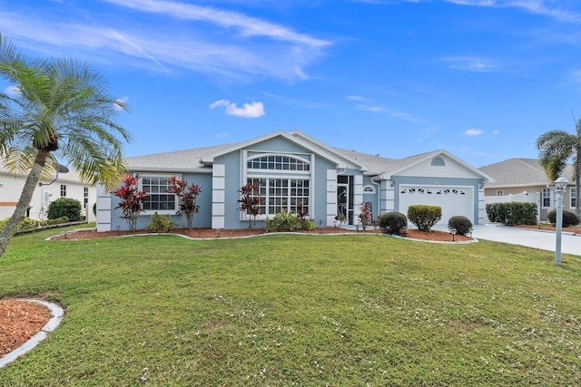 ranch-style house with a garage and a front yard