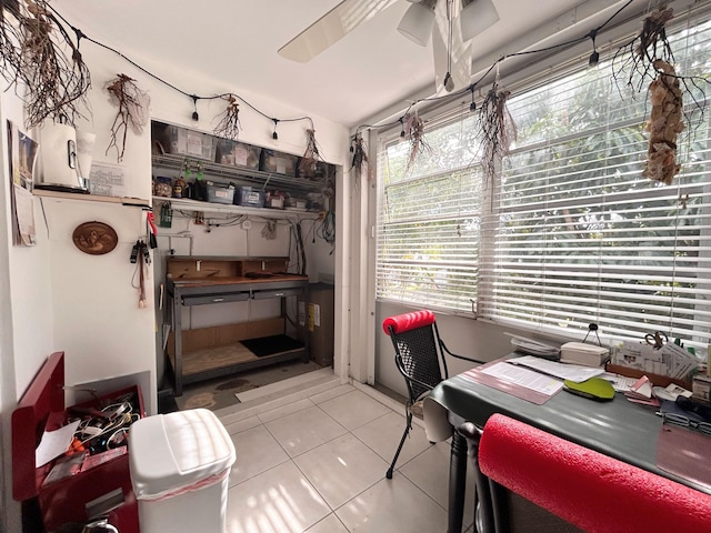 tiled office with ceiling fan