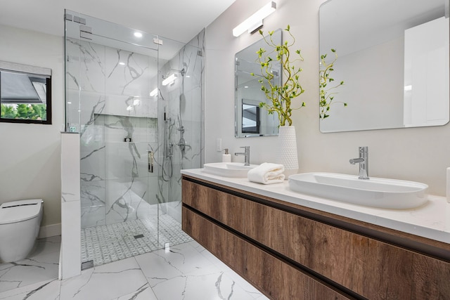 bathroom with toilet, a shower with door, and vanity