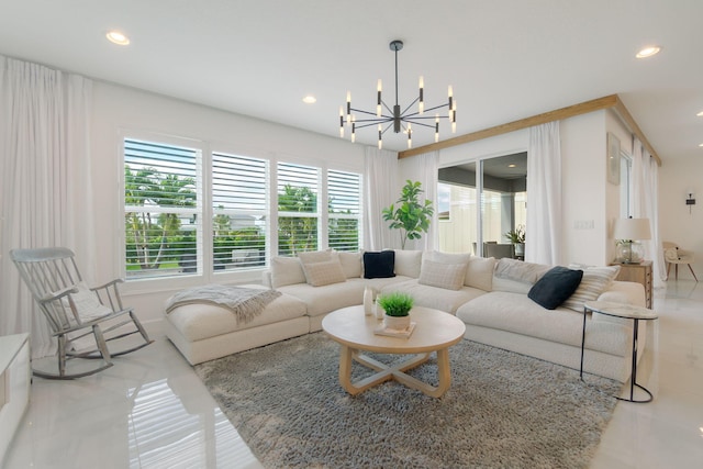 living room featuring light tile patterned floors and an inviting chandelier