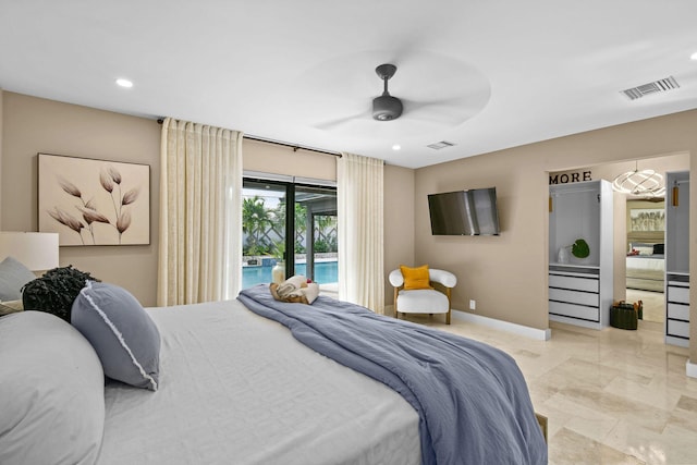 bedroom featuring ceiling fan and access to exterior