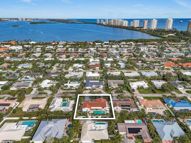 aerial view featuring a water view