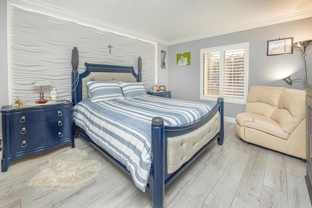 bedroom with wood-type flooring, a textured ceiling, and crown molding