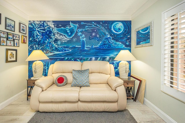 living area with crown molding