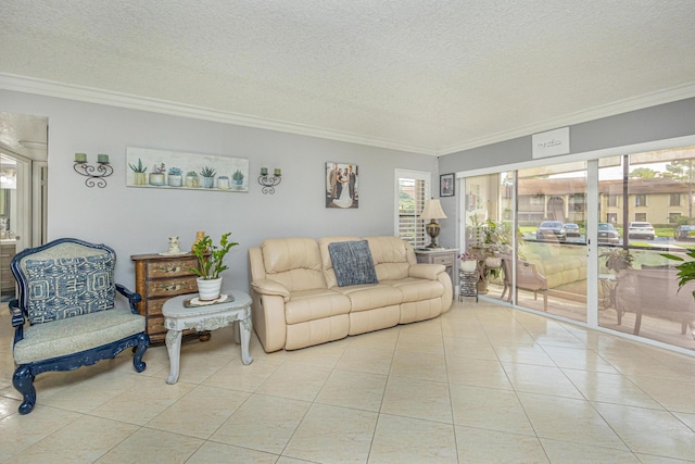 tiled living room with a textured ceiling and crown molding