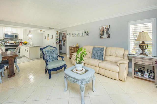 tiled living room with ornamental molding