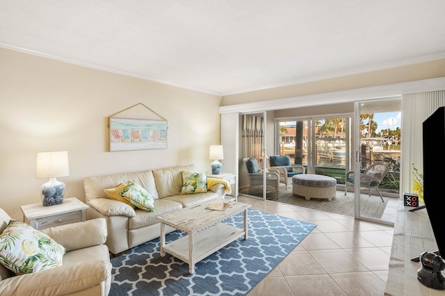 living room featuring light tile patterned floors and crown molding