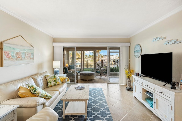 tiled living room with ornamental molding