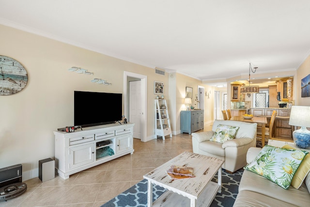 living room featuring crown molding and light tile patterned flooring