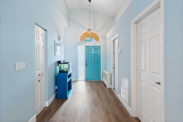 entrance foyer featuring high vaulted ceiling, radiator, and dark wood-type flooring