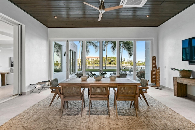 sunroom featuring ceiling fan and wooden ceiling