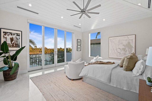 bedroom with access to outside, multiple windows, ceiling fan, and wooden ceiling