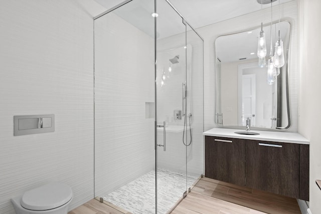 bathroom with vanity, a shower with shower door, and toilet