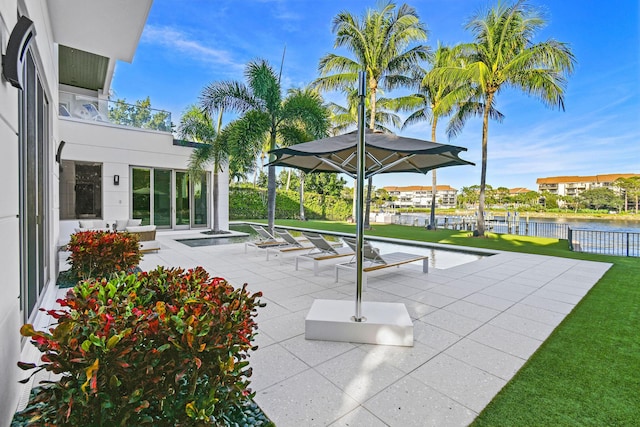 view of patio / terrace featuring a water view