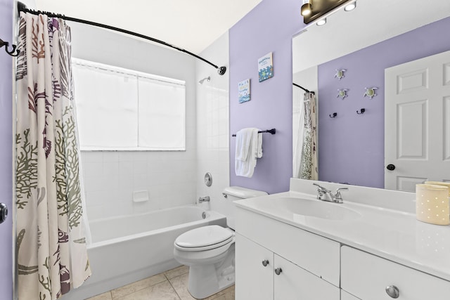 full bathroom featuring tile patterned flooring, vanity, toilet, and shower / tub combo with curtain