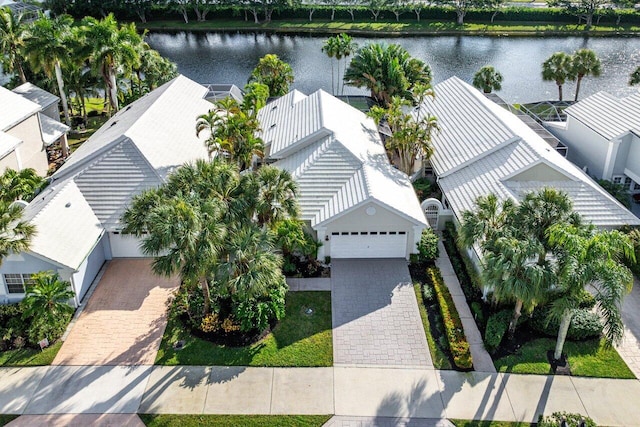 drone / aerial view with a water view