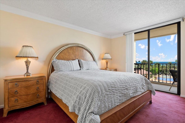 carpeted bedroom with expansive windows, crown molding, a textured ceiling, and access to outside