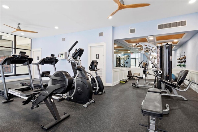 workout area featuring ceiling fan