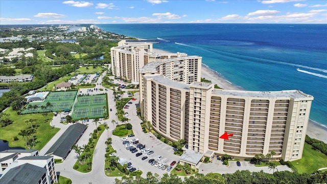 aerial view featuring a beach view and a water view