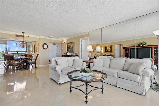 living room with ornamental molding, a textured ceiling, and an inviting chandelier