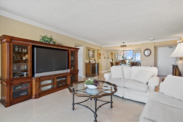 living room with crown molding, a chandelier, and a textured ceiling