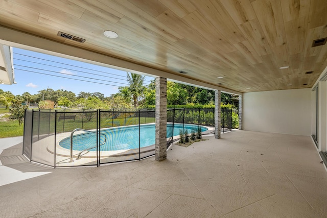 view of pool with a fenced in pool, a patio area, and fence