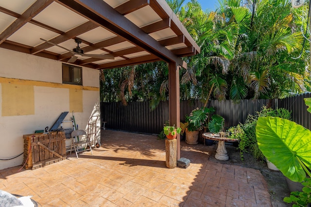 view of patio / terrace featuring a fenced backyard and ceiling fan