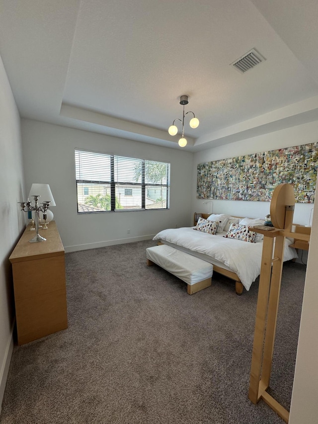 carpeted bedroom featuring a tray ceiling