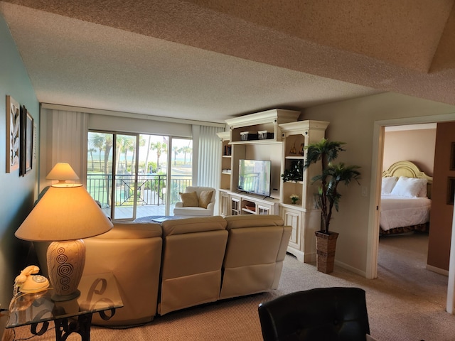 living room featuring light colored carpet and a textured ceiling