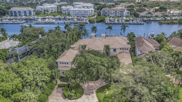 birds eye view of property with a water view