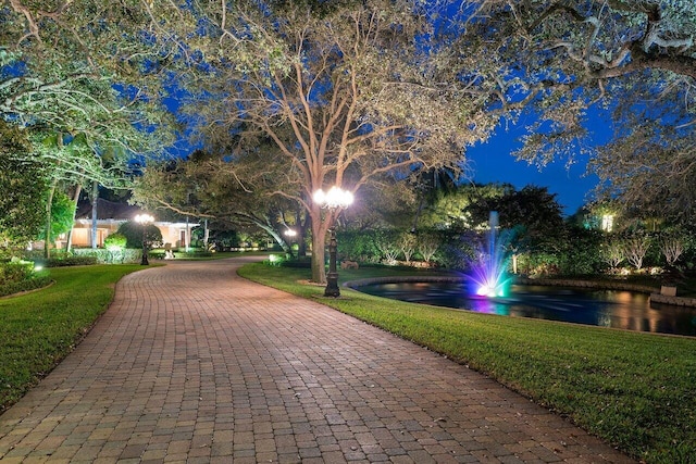 view of community with a yard and a water view