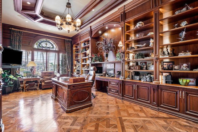 office area with light parquet floors, ornamental molding, and an inviting chandelier