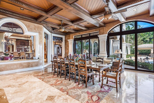 dining room with a wealth of natural light, wood ceiling, and ornamental molding