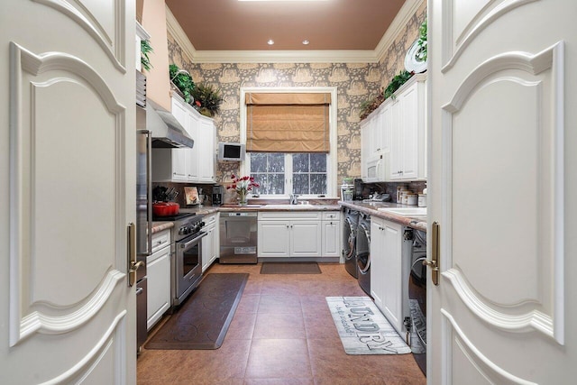 kitchen with ventilation hood, stainless steel appliances, white cabinetry, and sink