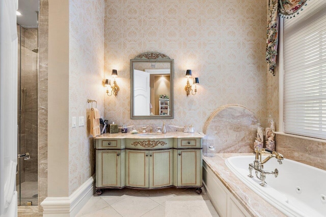 bathroom with separate shower and tub, tile patterned floors, and vanity