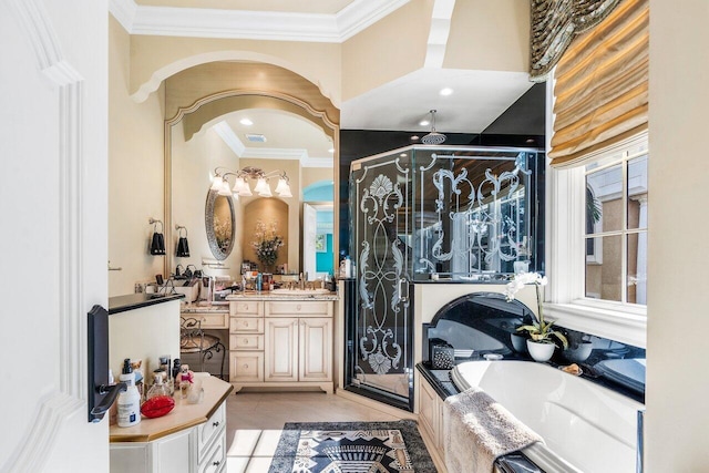 bathroom featuring tile patterned flooring, shower with separate bathtub, vanity, and crown molding