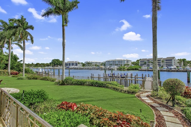 view of water feature with a dock