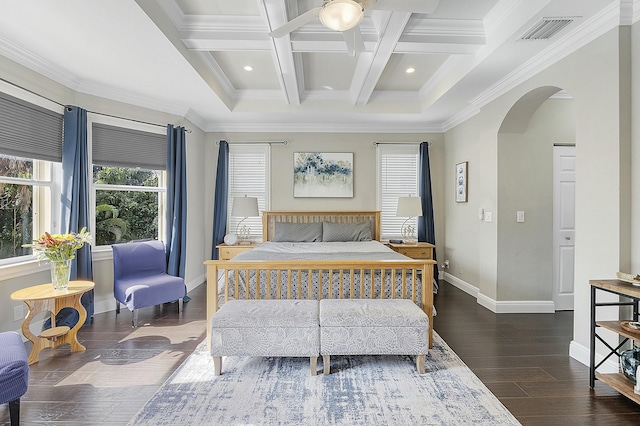 bedroom with beamed ceiling, dark hardwood / wood-style flooring, crown molding, and coffered ceiling