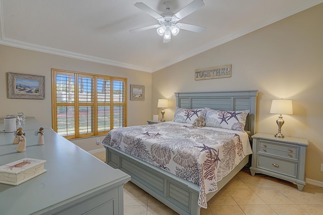 bedroom with light tile patterned floors, lofted ceiling, ornamental molding, a ceiling fan, and baseboards