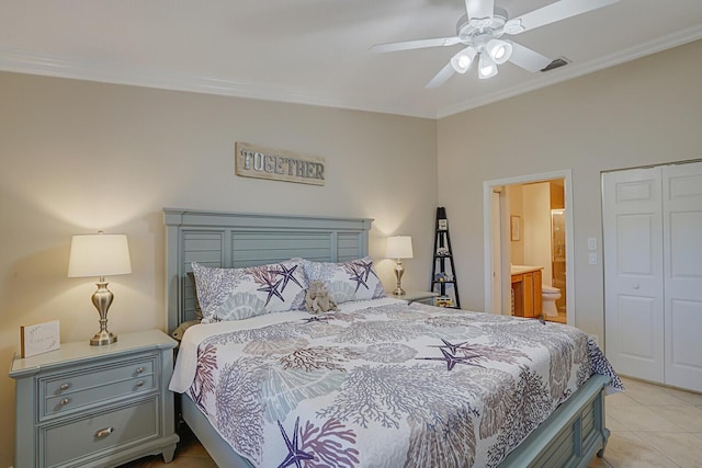 12044 Serafino St, Boynton Beach, FL 33437 - bedroom featuring crown molding, light tile patterned floors, a closet, ceiling fan, and ensuite bathroom