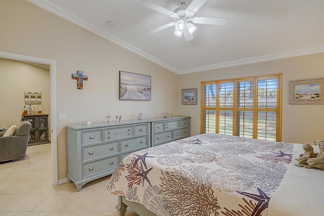 bedroom with light tile patterned floors, ceiling fan, ornamental molding, and vaulted ceiling