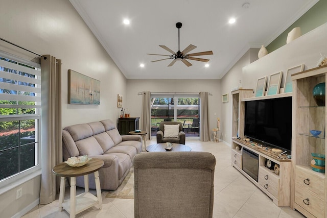 living area with baseboards, lofted ceiling, ceiling fan, ornamental molding, and recessed lighting