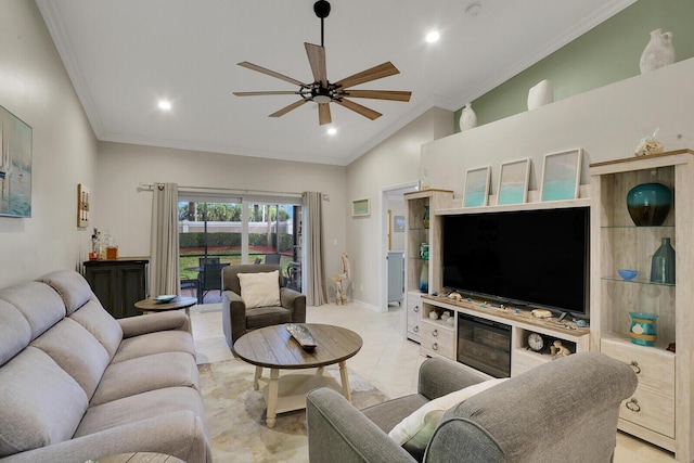 living area featuring light tile patterned floors, ornamental molding, a ceiling fan, and recessed lighting