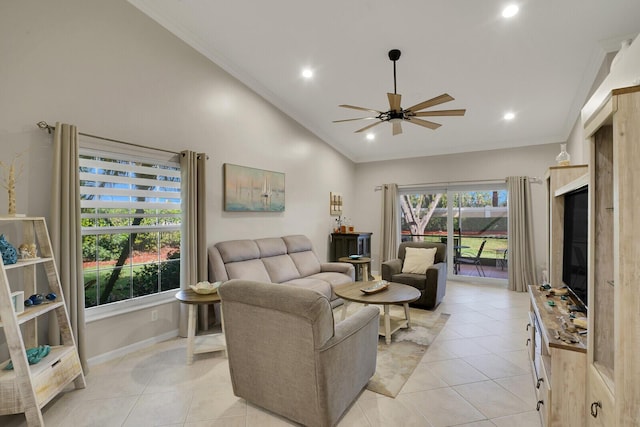 living area with ceiling fan, ornamental molding, light tile patterned flooring, and recessed lighting