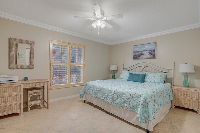 tiled bedroom with a ceiling fan, baseboards, and crown molding