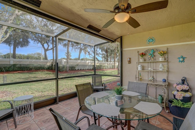 sunroom featuring ceiling fan