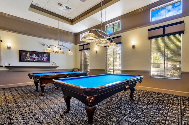 game room with carpet floors, visible vents, ornamental molding, wainscoting, and a raised ceiling