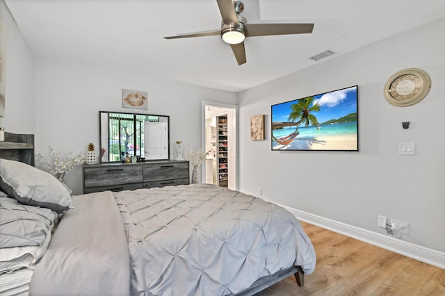 bedroom with a walk in closet, light wood-type flooring, and ceiling fan