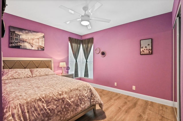 bedroom featuring hardwood / wood-style flooring, ceiling fan, and a closet