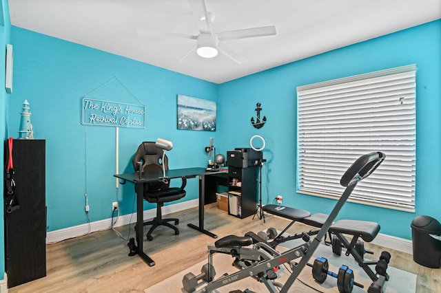 exercise room featuring hardwood / wood-style floors and ceiling fan